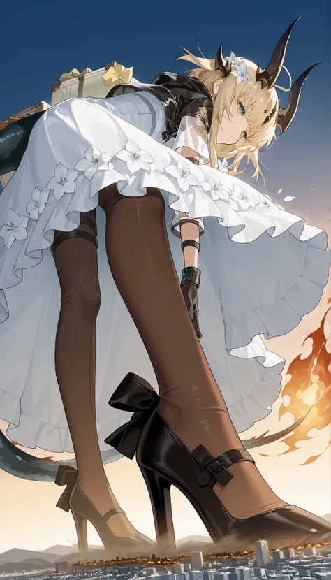 score_9_up, score_8_up, score_7_up, reed_the_flame_shadow_\(arknights\), dragon horns, blonde hair, ahoge, hair flower, green eyes, white dress, black jacket, flower pattren pantyhose, single glove, flame-tipped tail, white high heel, suitcase,, (giantess:...