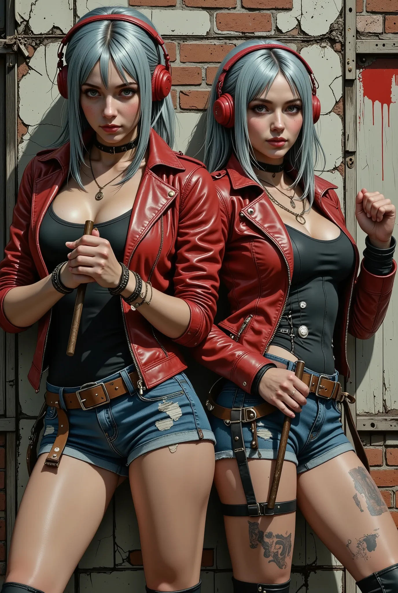 Two bright, daring, apocalyptic, cyberpunk European girls- Pop idols, 20 years old, standing in a curved defiant pose against an old brick wall, cracks, old paint,disheveled, faded blue-gray hair, smudged makeup, smoky eyes, headphones, red leather jacket,...