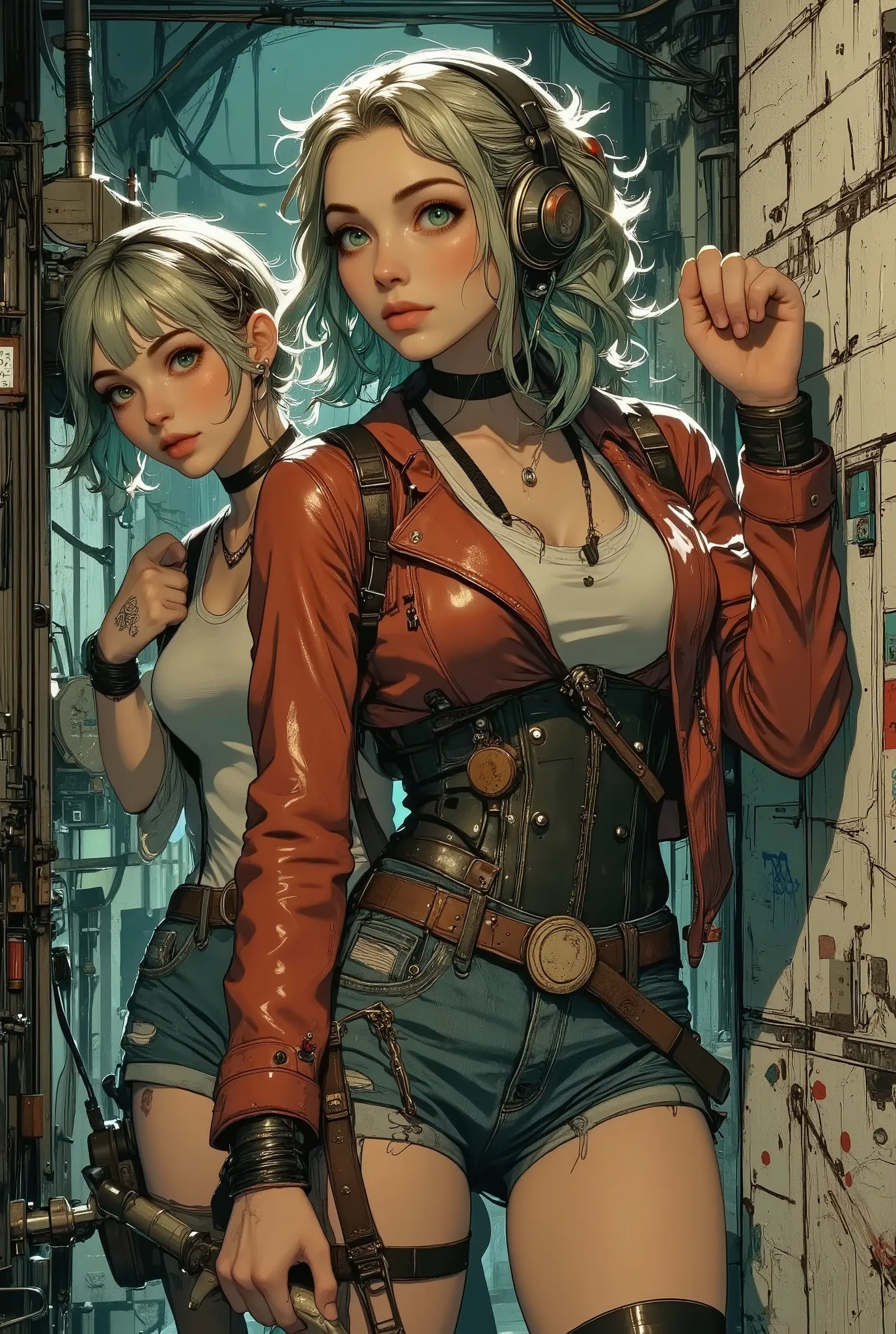 Two bright, daring, apocalyptic, cyberpunk European girls- Pop idols, 20 years old, standing in a curved defiant pose against an old brick wall, cracks, old paint,disheveled, faded blue-gray hair, smudged makeup, smoky eyes, headphones, red leather jacket,...