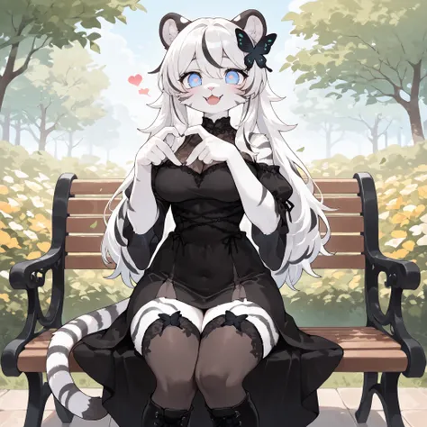(front angle) (solo:1.5, solo character:1.5) (adult:1.2, wide shoulders, mature:0.9, female, girl, hot, big eyes:1.4, round face:1.4, blue eyes, cute:1.1), (((white hair with black ends, black tipped hair))), black dress, goth dress, sitting on bench, park...
