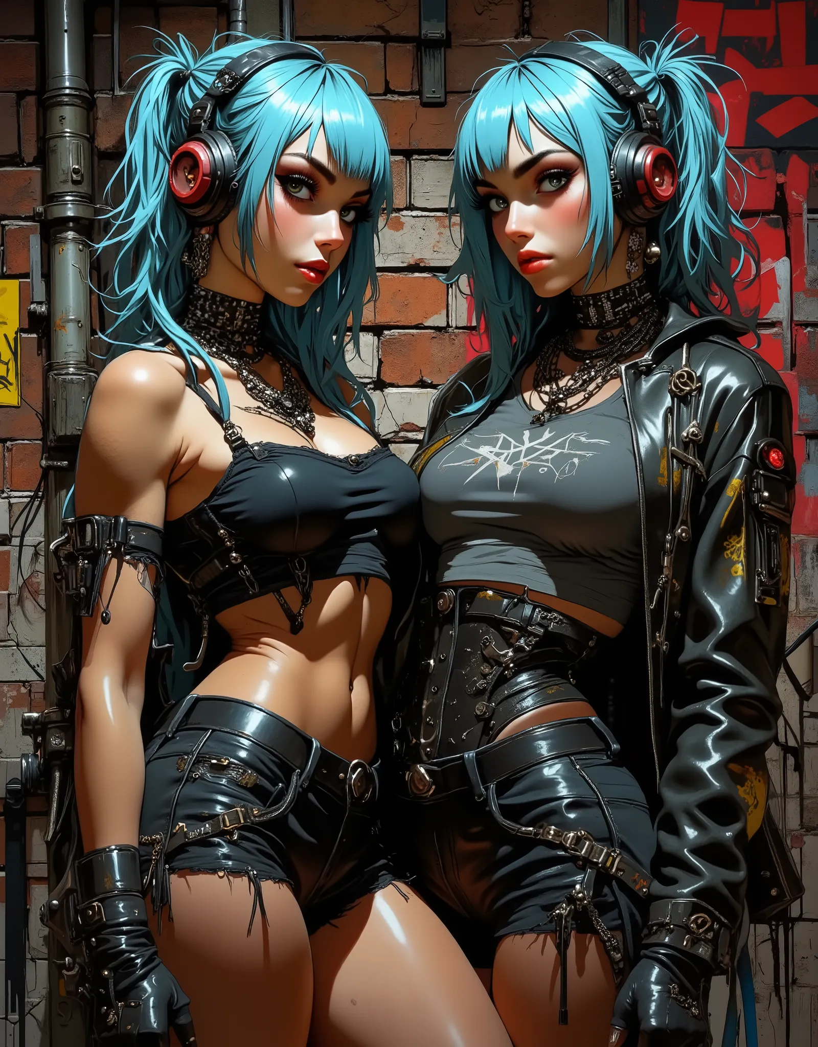 Two bright, cheeky, playfully smiling, cyberpunk European girls- pop idols, 20 years old, standing in a curved defiant pose against the background of an old brick wall, cracks, old paint,disheveled blue hair, smudged makeup, smoky eyes, shiny red plump lip...