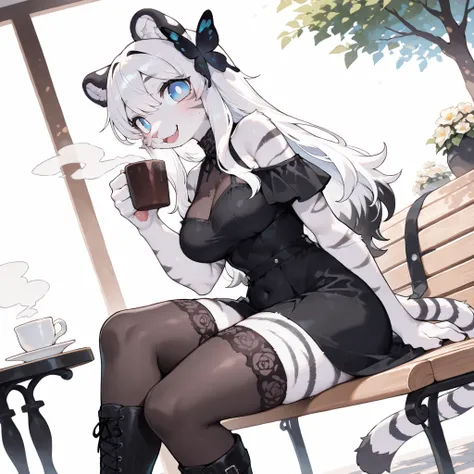 (side angle) (solo:1.5, solo character:1.5) (adult:1.2, wide shoulders, mature:0.9, female, girl, hot, big eyes:1.4, round face:1.4, blue eyes, cute:1.1, dark pupils:1.2), (((white hair with black ends, black tipped hair))), black dress, goth dress, sittin...