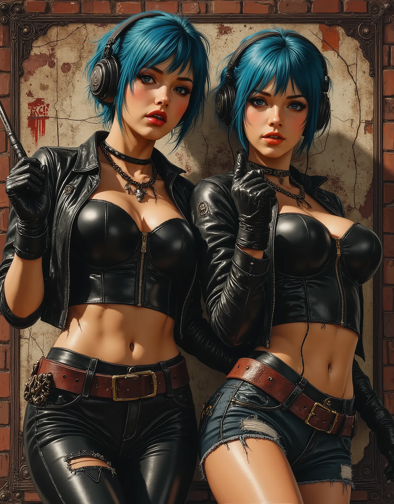 Two bright, cheeky, playfully smiling, cyberpunk European girls- pop idols, 20 years old, standing in a curved defiant pose,applauding sticks in their hands, against the background of an old brick wall, cracks, old paint,disheveled blue hair, smudged makeu...
