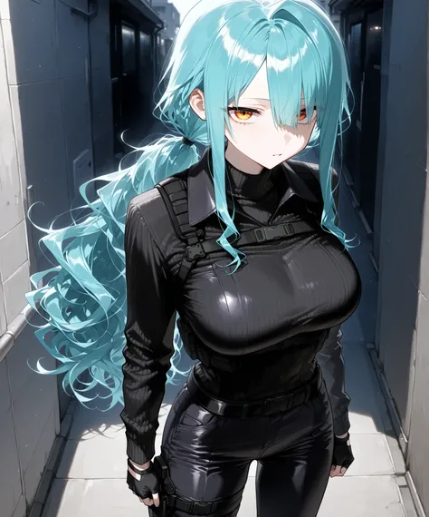 SFW, 1girl, solo, (three quarter view:1.3), pale face, (vibrant mint hair), wavy hair, (low long ponytail tied below the nape:1.2), (Symmetrical side long hair:1.2), (asymmetrical long bangs:1.3), (upturned eyes:1.3), (sharp eyes:1.2), amber eyes, parted l...