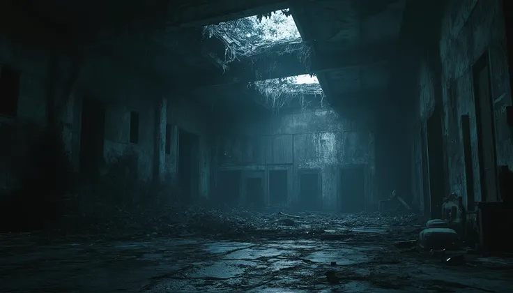 abandoned building in ruins, partially collapsed with broken walls and shattered windows. The structure is overgrown with creeping vines and thick cobwebs, exuding a sinister, forgotten atmosphere. The scene is bathed in eerie moonlight, casting long, twis...