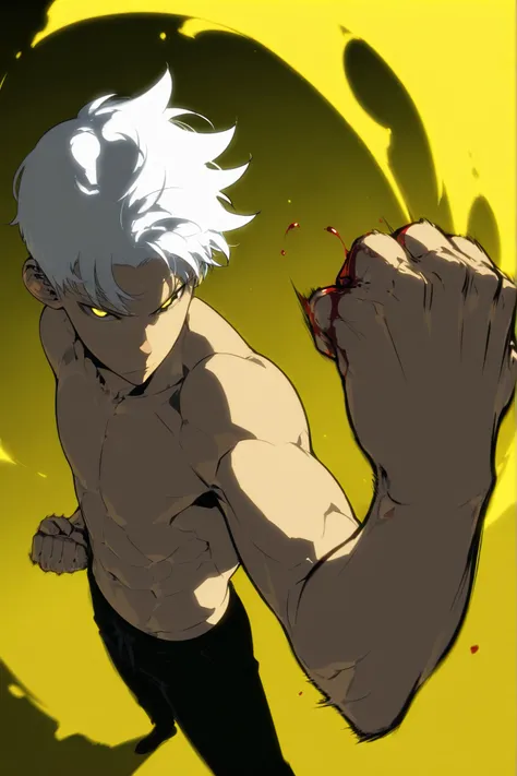 Handsome, Athletic, alone, male, Short spicky hair, long white hair, black yellow eye, no shirt, black pants, , intricate sketch, expressive eyes nose and mouth, Abs, simple pose, clench fist, martial art stance, blood on his fists , perfect Anatomy , punc...