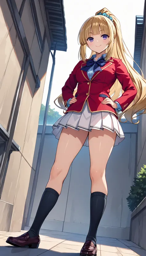  masterpiece, best quality, highres, 1girl,solo, , kei karuizawa , long hair , bangs , blunt bangs , purple eyes , blonde hair , hair ornament , ponytail , scrunchie , blue scrunchie , white skirt, red blazer(closed blazer, buttoned blazer,two button), blu...