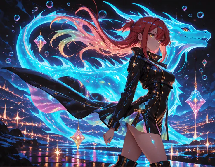 1 girl , golden eyes , very long hair , long sidelocks, red hair ,half updo, petite , very cute , beautiful ,Straight hair, cool, handsome, hair between eyes, sexy, medium breasts, neon color fashion outfit, coat,, high boots
walking,((( floating clothes,f...