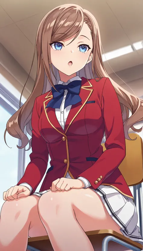 masterpiece, best quality, highres, 1girl,solo, matsushita, swept bangs brown hair, white skirt, red blazer(closed blazer, buttoned blazer,two button), blue bowtie, shirt,school counsel room , from below ,sitting on chair ,open mouth ,glossy lips ,hands on...