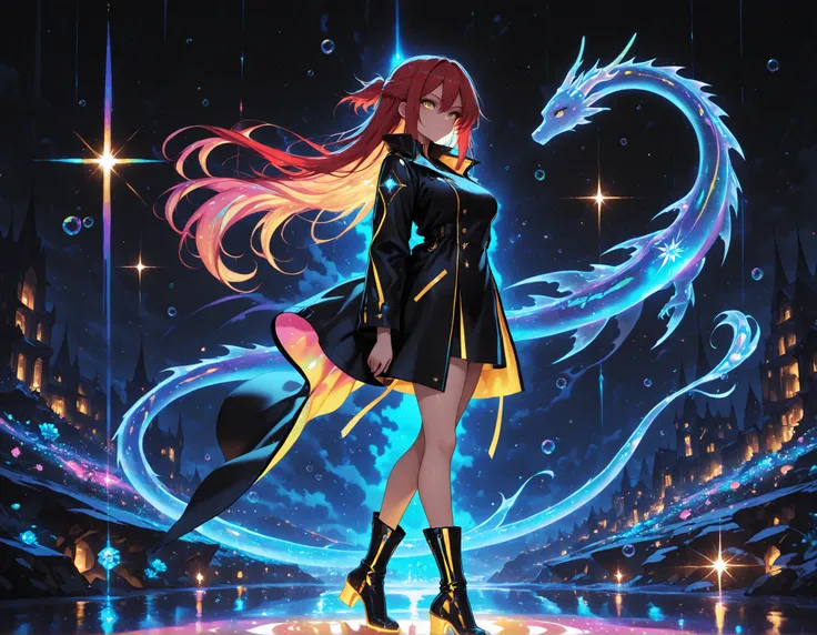 1 girl , golden eyes , very long hair , long sidelocks, red hair ,half updo, petite , very cute , beautiful ,Straight hair, cool, handsome, hair between eyes, sexy, medium breasts, neon color fashion outfit, coat,, high boots
walking,((( floating clothes,f...