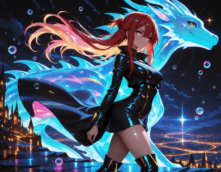 1 girl , golden eyes , very long hair , long sidelocks, red hair ,half updo, petite , very cute , beautiful ,Straight hair, cool, handsome, hair between eyes, sexy, medium breasts, neon color fashion outfit, coat,, high boots
walking,((( floating clothes,f...