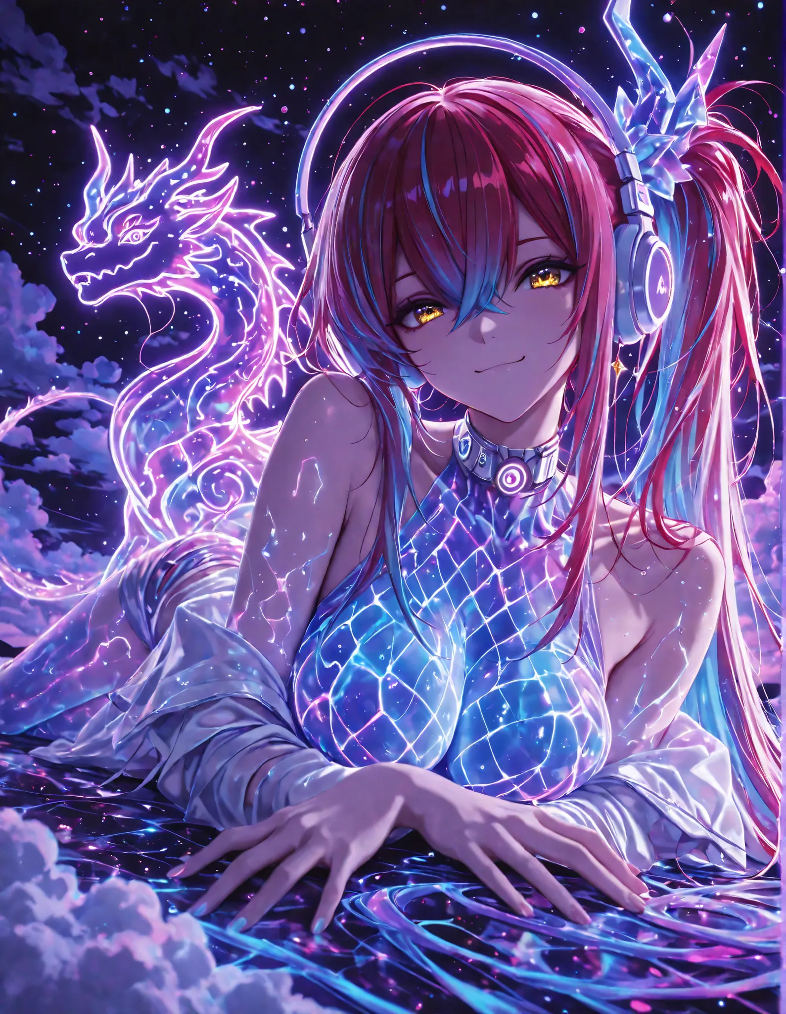 1girl, golden eyes, red hair, very long hair, straight hair, long sidelocks, hair between eyes, medium large breasts, petite, very cute, cool, handsome, adult, sexy, beautiful, (side ponytail), multicolored hair, blue highlights, cute eyes, headphones, bar...