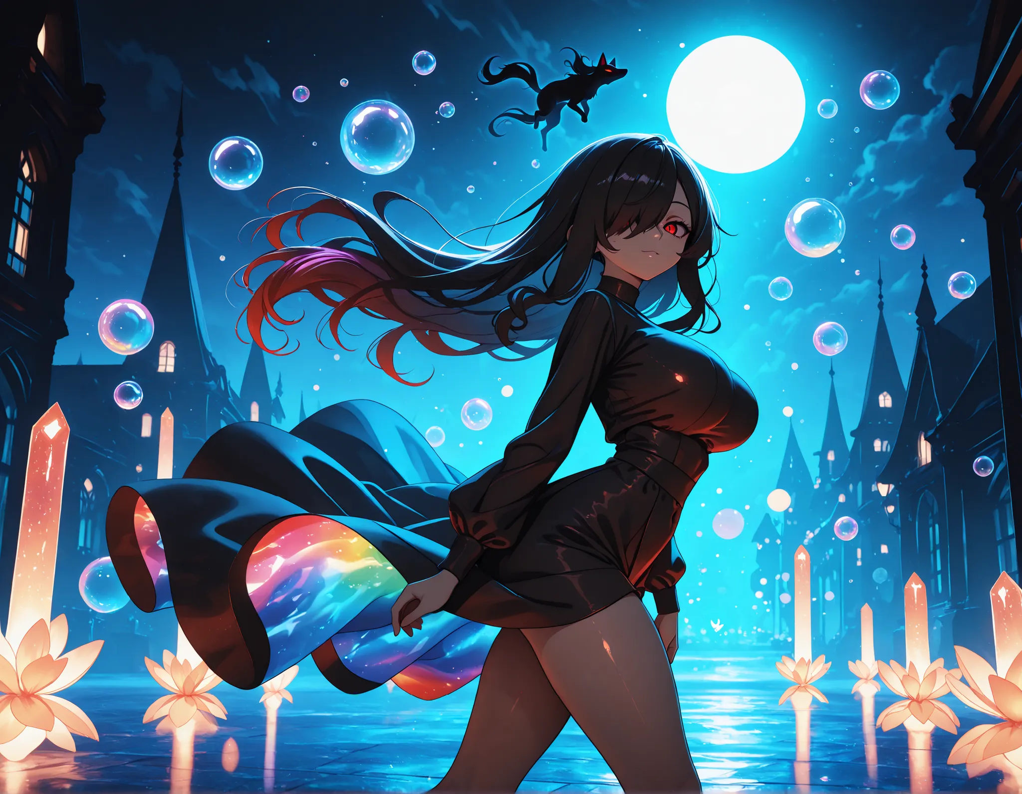 1girl, Kuroki Monika, black hair, very long hair, hair over right eye, red eyes, large breasts, petite, curvy, very cute Black color fashion outfit, Black Mantle,
walking,((( floating clothes,floating hair))),looking at viewer, from side, wind, night,
,(...