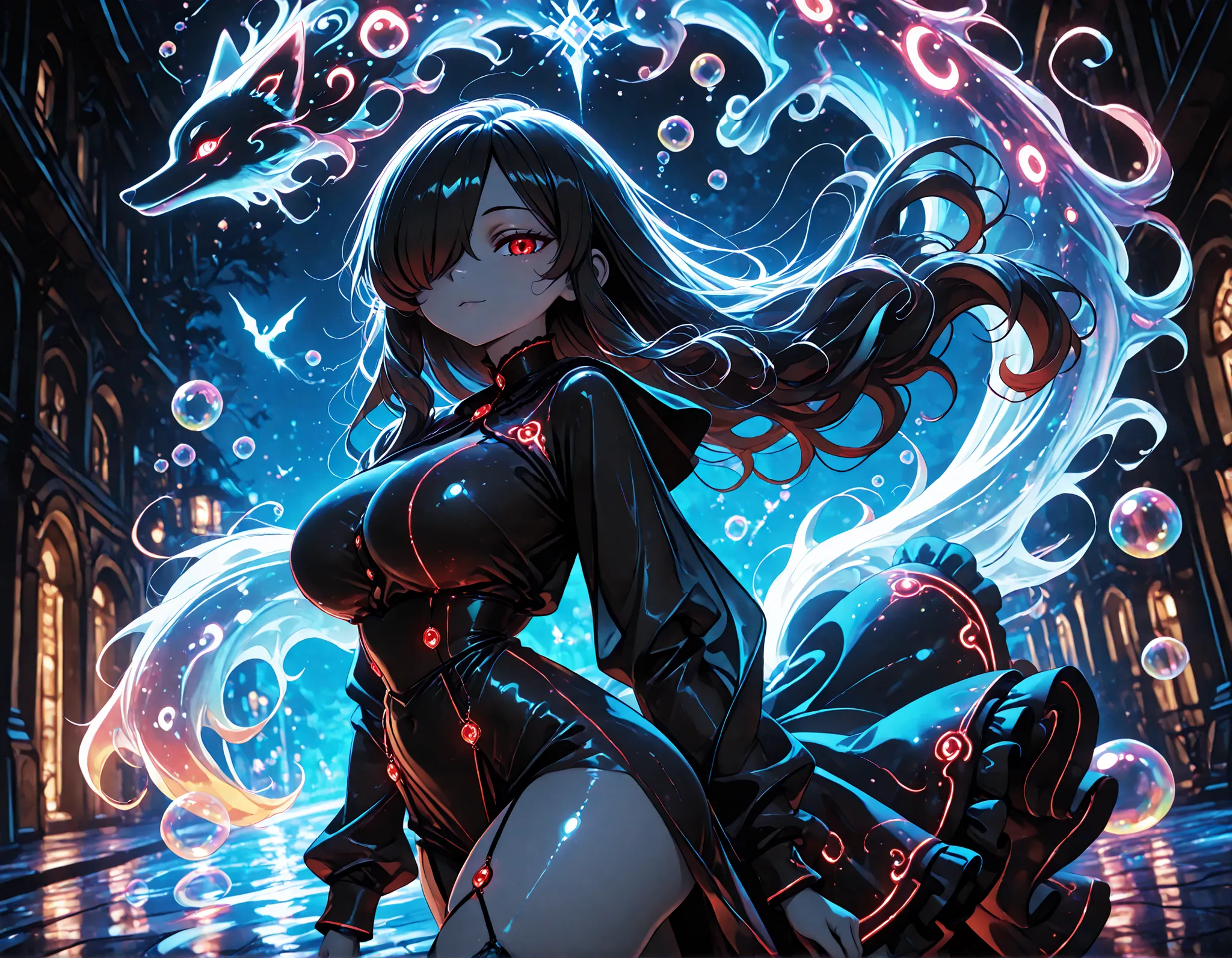 1girl, Kuroki Monika, black hair, very long hair, hair over right eye, red eyes, large breasts, petite, curvy, very cute Black color fashion outfit, Black Mantle,
walking,((( floating clothes,floating hair))),looking at viewer, from side, wind, night,
,(...
