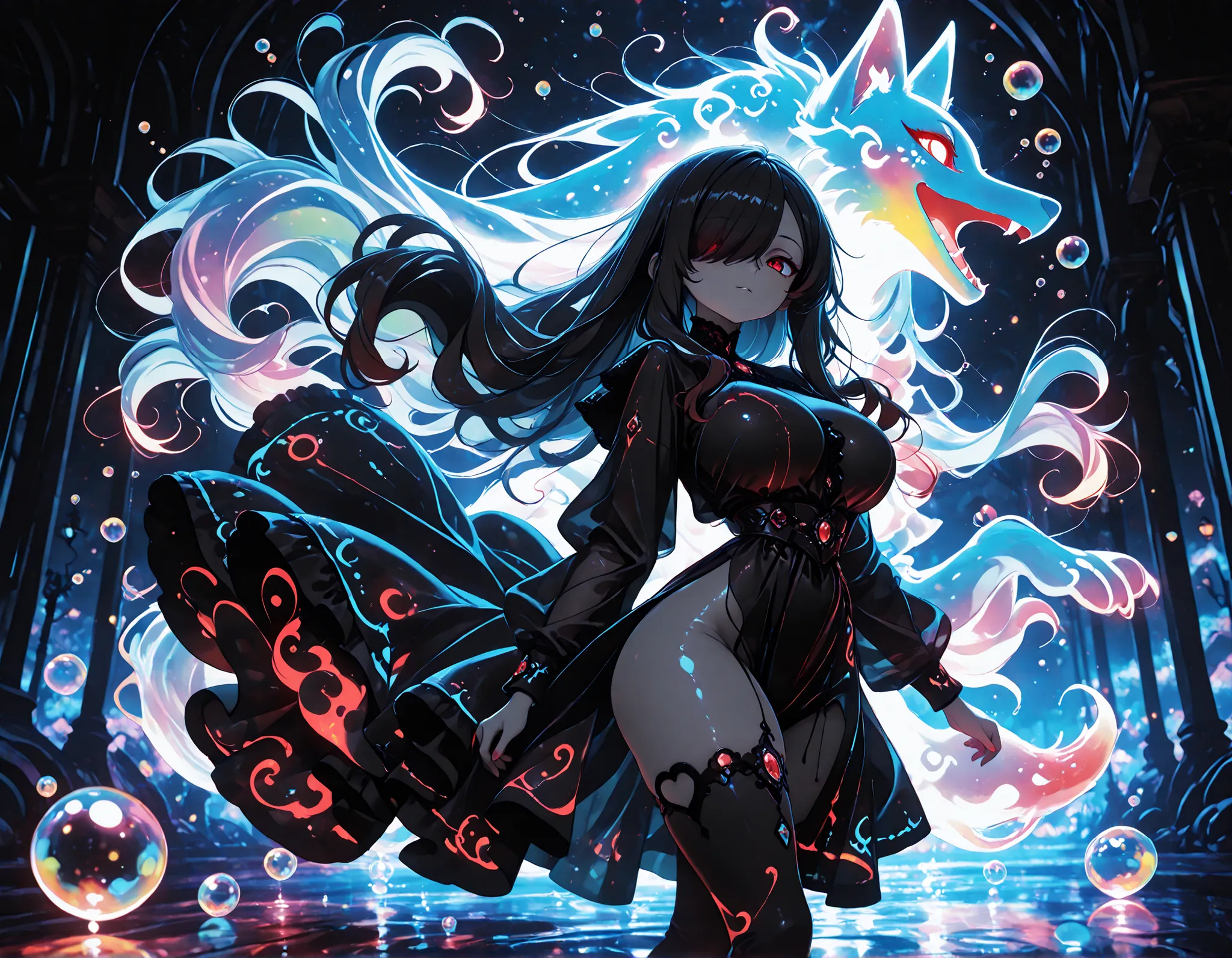 1girl, Kuroki Monika, black hair, very long hair, hair over right eye, red eyes, large breasts, petite, curvy, very cute Black color fashion outfit, Black Mantle,
walking,((( floating clothes,floating hair))),looking at viewer, from side, wind, night,
,(...