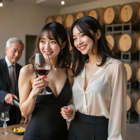『顔と髪型の雰囲気が違う２人の日本人の女の子:1.9』『リアルフォト:1.3』最高品質:1.2、((大きな胸))、スレンダーな体,胸の谷間が少し見える、((若い20歳の女性))、((歯を見せて笑っている:1.3))、(((解剖学的に正しい、完璧な解剖学、解剖学的に正しい指)))、現実的, 最高品質, 超高解像度, RAW フォト, (くびれのある体)、フルボディ,アイドルのような容姿と笑顔 工場見学に来ている女子,ワインの製造工程の見学をしている,石蔵にはワイン樽が沢山並んでいる,((外国人のダンディーなお...