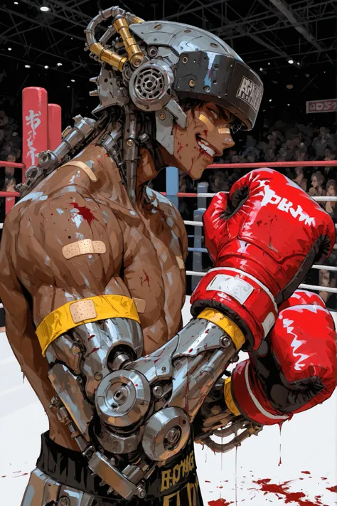 a boy,brown skin, spicky hair, (profile portrait),( close),(On Boxing Guard),blood on the lip,confident and determined smile,yellow band-aid on the face,metal exoskeleton on the arms,mechanical arms with stickers,About the biceps small hydraulic cylinders,...