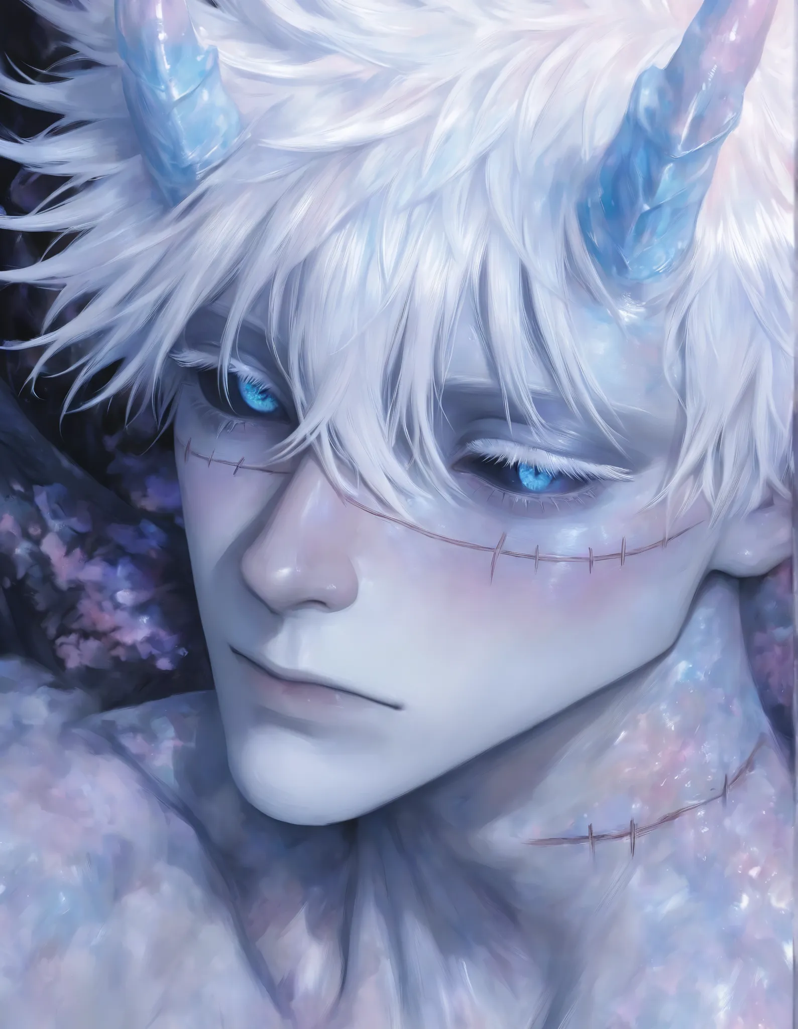 1man, adult, male focus, gojou satoru, jujutsu kaisen, white hair, short hair, ((hair between eyes)), colored eyelashes, white eyelashes, blue eyes, intricate eye iris, detailed eyes, muscular male, sexy man, handsome man, handsome face,
, horror creature,...