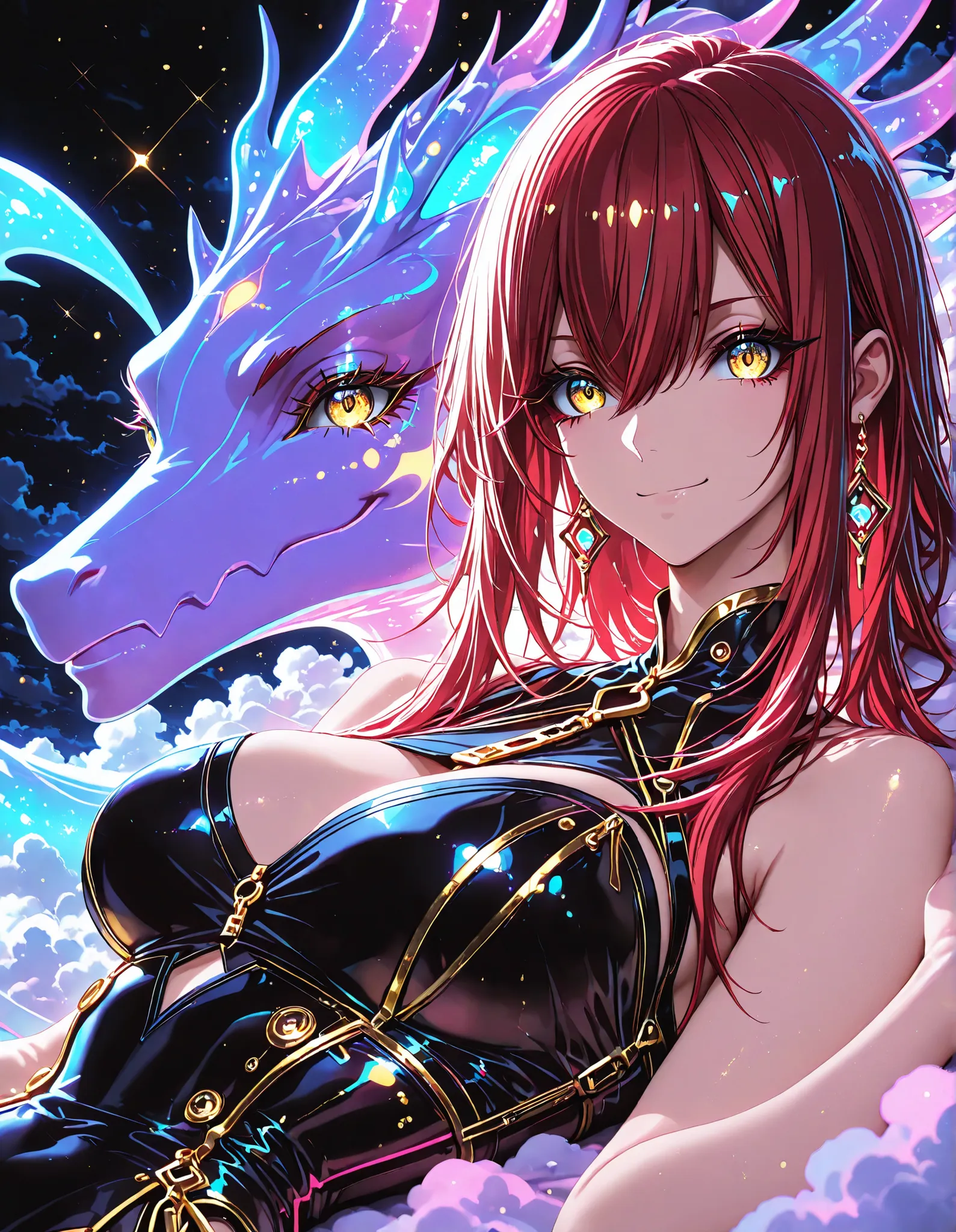 1girl, golden eyes, red hair, very long hair, straight hair, long sidelocks, hair between eyes, medium large breasts, petite, very cute, cool, handsome, adult, sexy, beautiful, blue highlights, cute eyes,  bare shoulders, cute, smiling, purple neon dragon ...