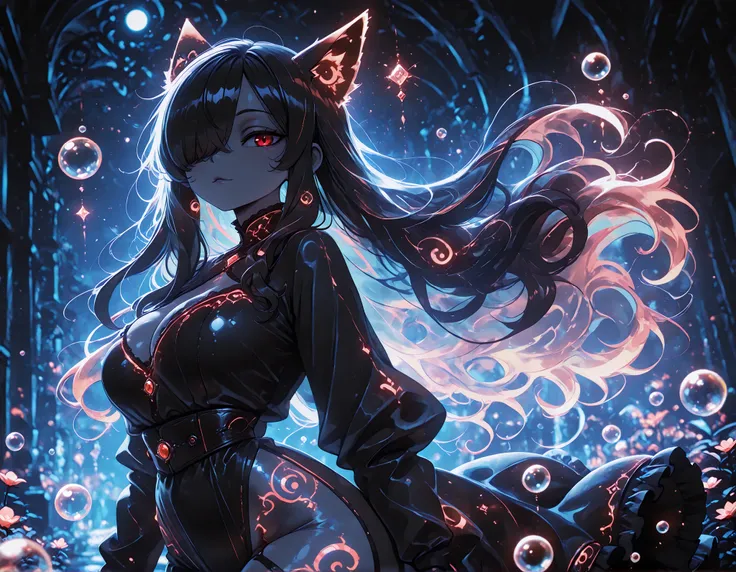 1girl, Kuroki Monika, black hair, very long hair, hair over right eye, red eyes, large breasts, petite, curvy, very cute Black color fashion outfit, Black Mantle,
walking,((( floating clothes,floating hair))),looking at viewer,  from side, wind, night, 
,(...