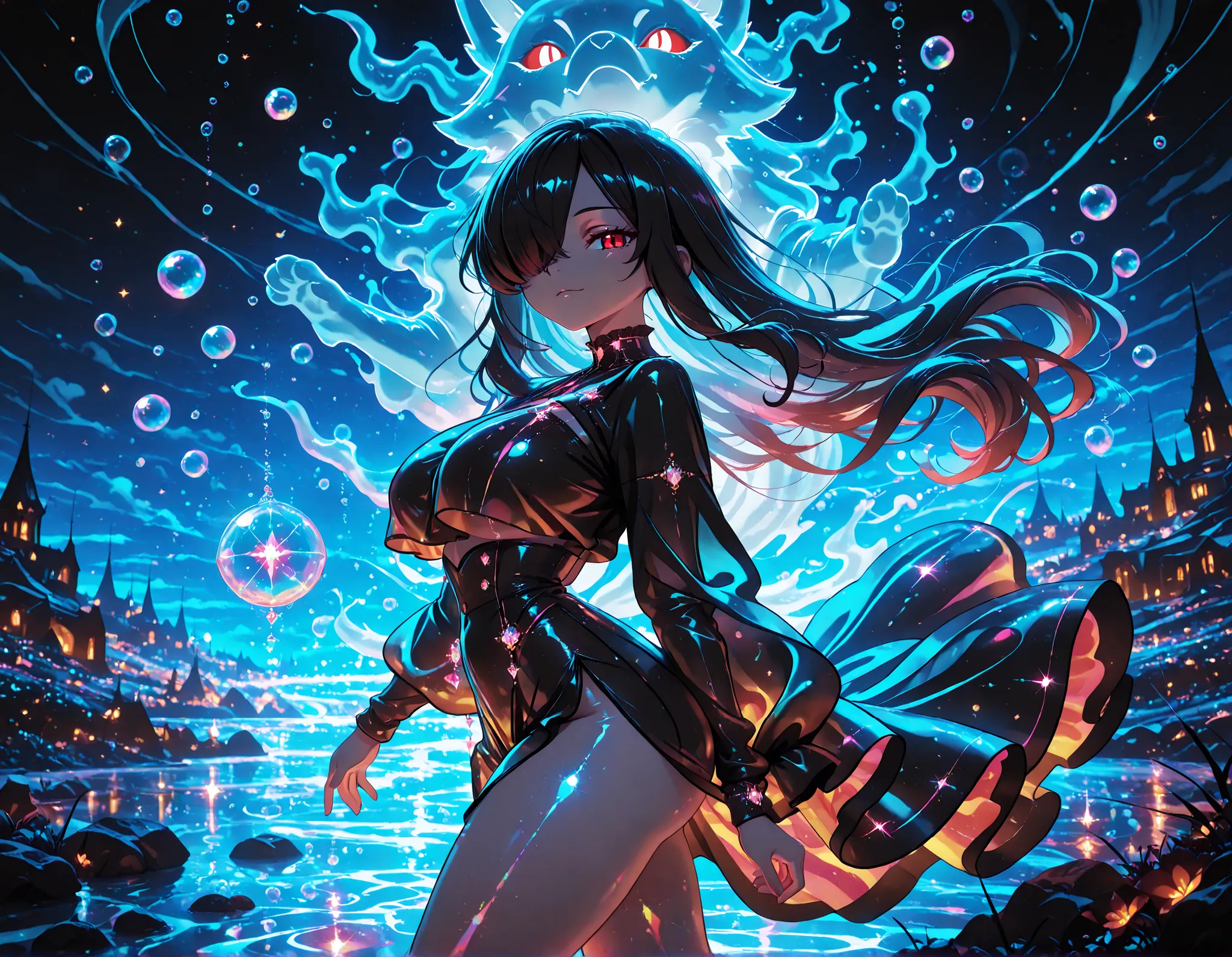 1girl, Kuroki Monika, black hair, very long hair, hair over right eye, red eyes, large breasts, petite, curvy, very cute Black color fashion outfit, Black Mantle,
walking,((( floating clothes,floating hair))),looking at viewer, from side, wind, night,
,(...