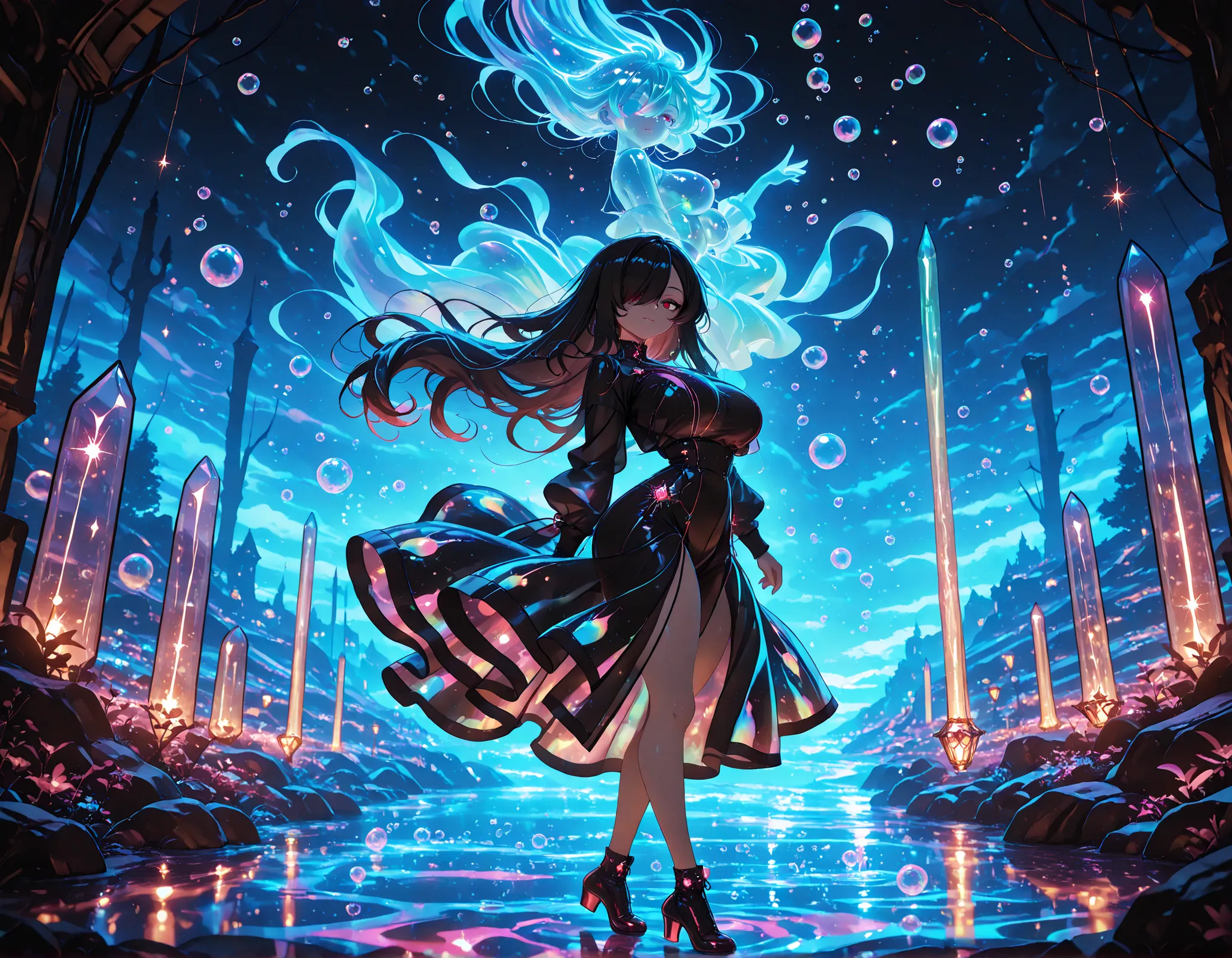 1girl, Kuroki Monika, black hair, very long hair, hair over right eye, red eyes, large breasts, petite, curvy, very cute Black color fashion outfit, Black Mantle,
walking,((( floating clothes,floating hair))),looking at viewer, from side, wind, night,
,(...