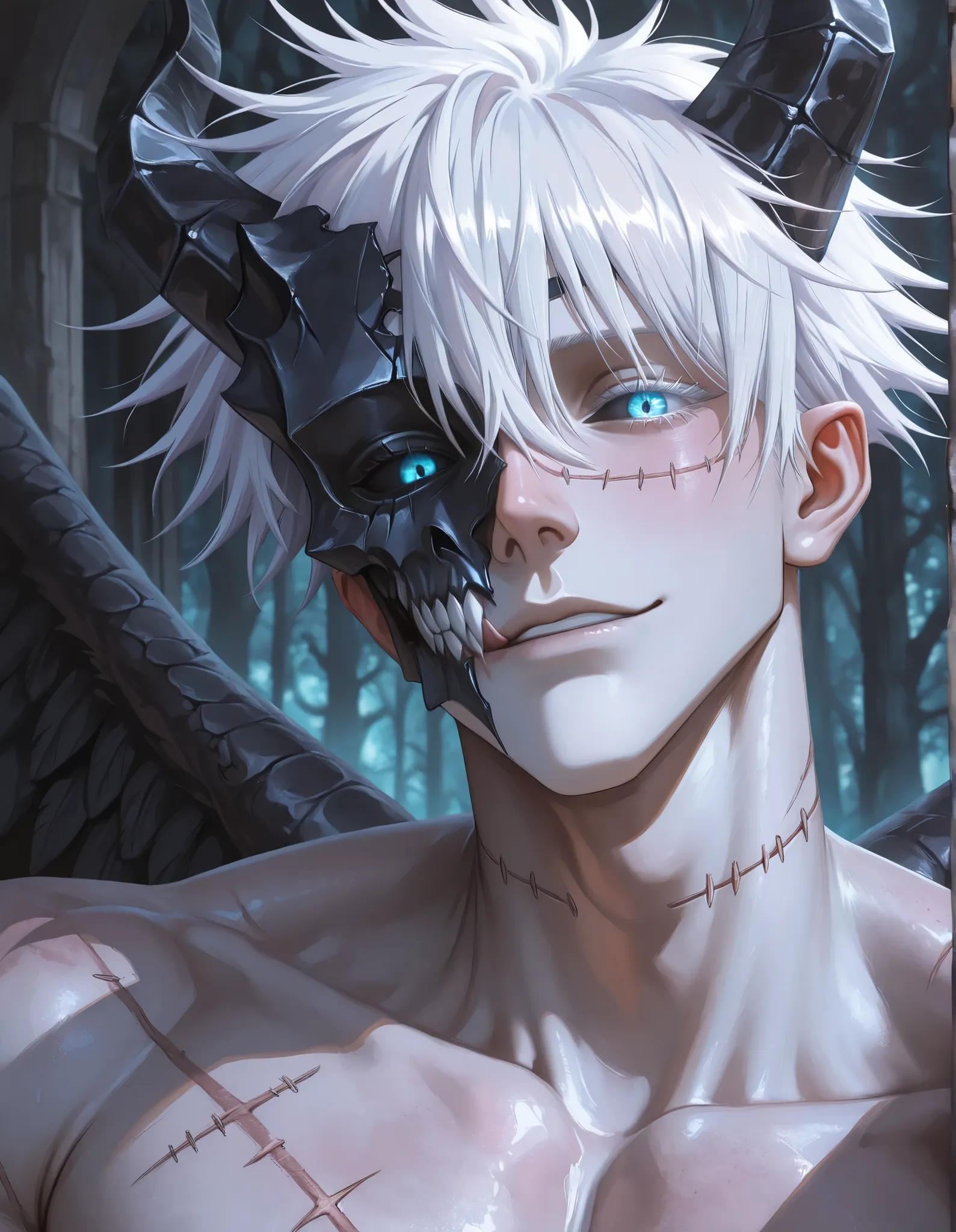 1man, adult, male focus, gojou satoru, jujutsu kaisen, white hair, short hair, ((hair between eyes)), colored eyelashes, white eyelashes, blue eyes, intricate eye iris, detailed eyes, muscular male, sexy man, handsome man, handsome face,
, horror creature,...