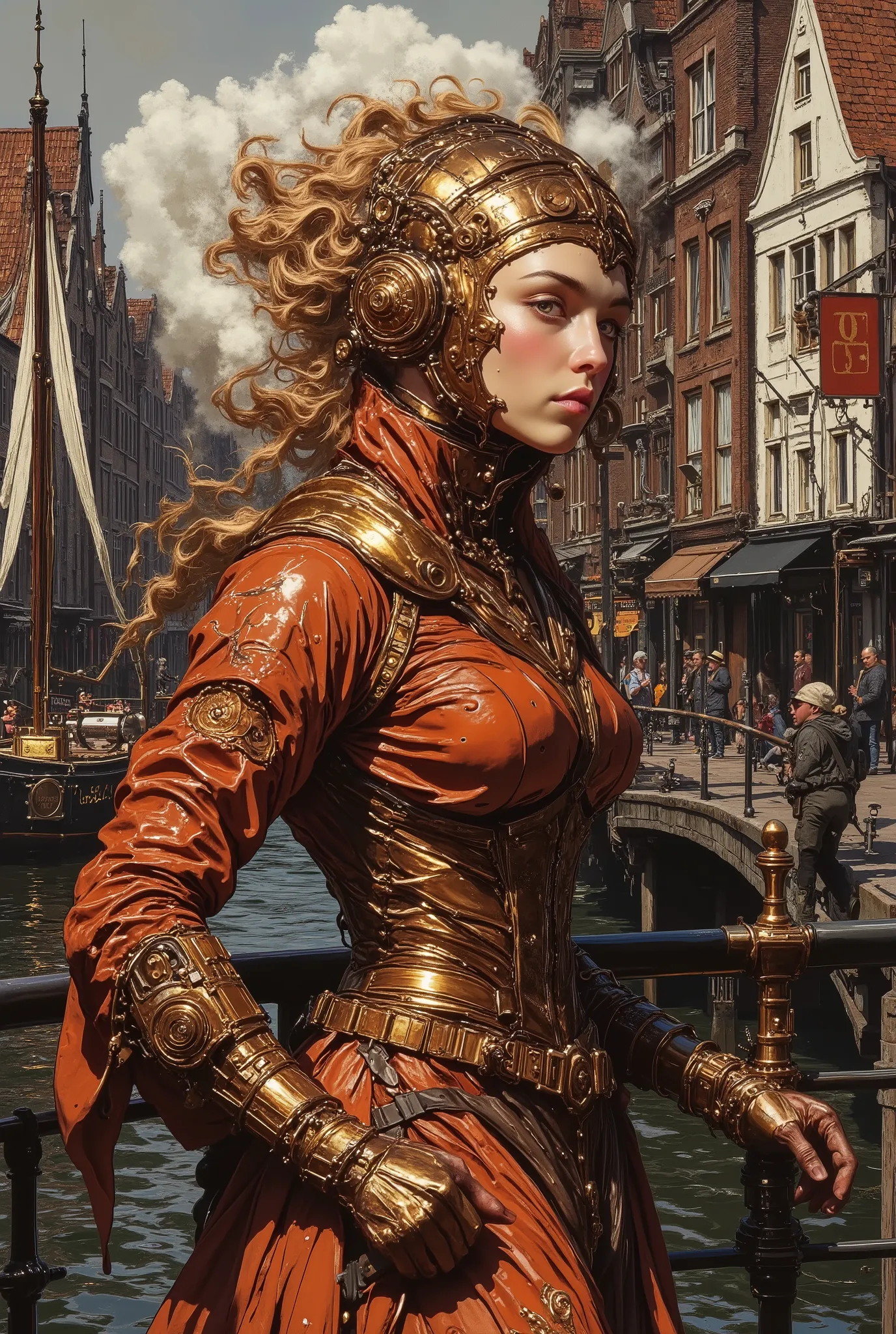 In steampunk Amsterdam, where industrial aesthetics intertwine with traditional Dutch architecture, a bridge over the canal becomes the stage for a mysterious young woman. Her appearance is an incredible fusion of classic attire and the technology of an al...