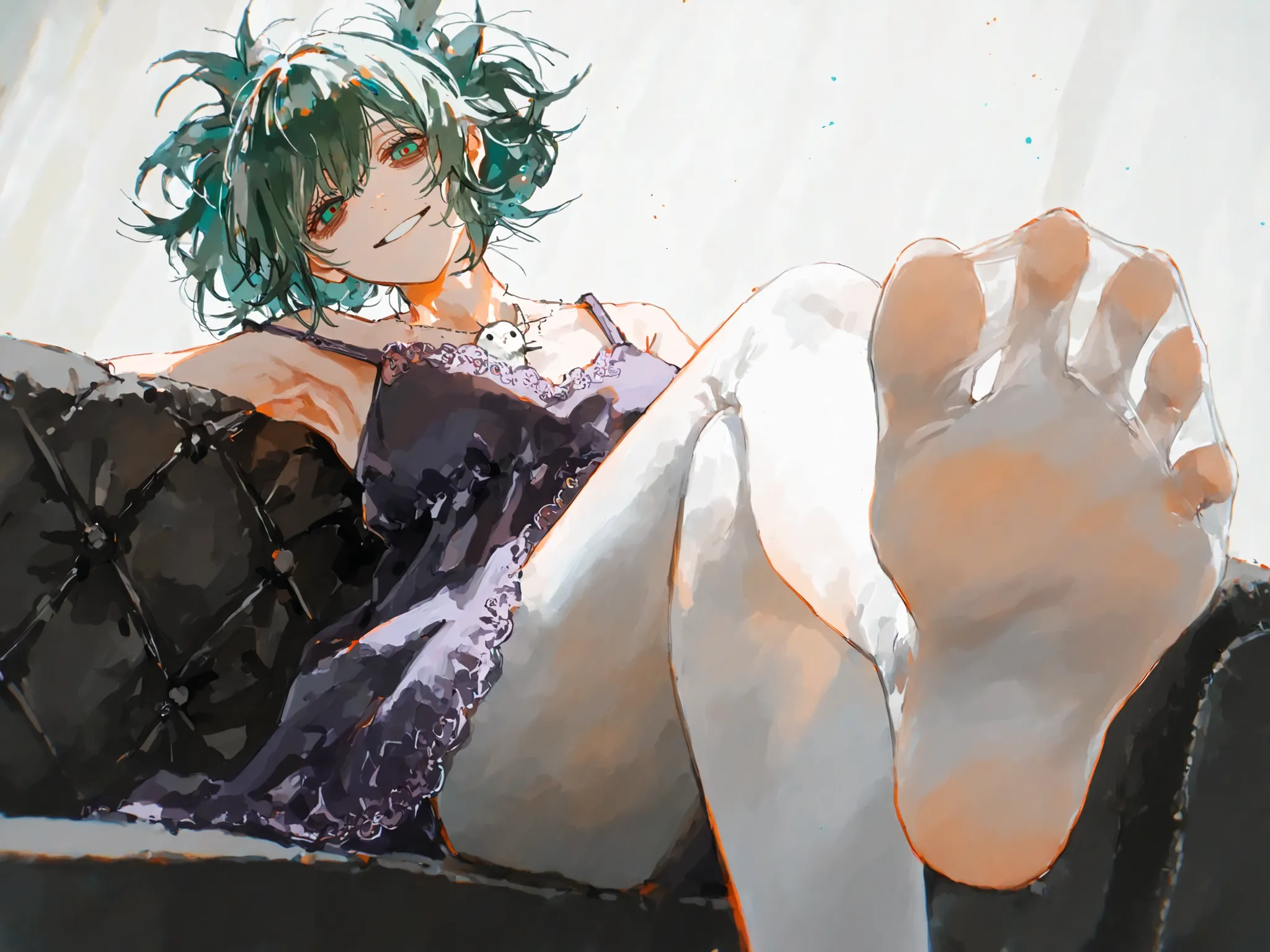 very awa,masterpiece,
watanabe tomari,alcxome,(lian yao:0,8),watercolor_\(medium\),
purple nightgown, white pantyhose,
1girl, solo eto (tokyo ghoul),
eto, green eyes, green hair, updo hair, bangs, mature, medium breasts, 

bags under eyes, smile, 
1girl, e...