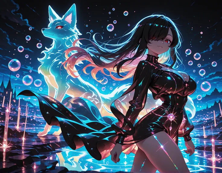 1girl, Kuroki Monika, black hair, very long hair, hair over right eye, red eyes, large breasts, petite, curvy, very cute Black color fashion outfit, Black Mantle,
walking,((( floating clothes,floating hair))),looking at viewer, from side, wind, night,
,(...