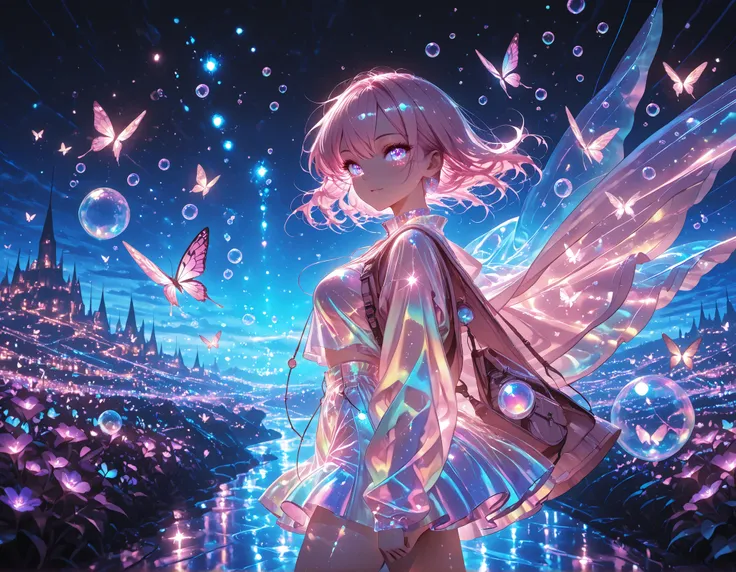 1 girl, violet eyes, light pink hair, short hair, cool, beautiful, medium breast, very cute, lovely, kawaii,
, color fashion outfit,
walking,((( floating clothes,floating hair))),looking at viewer, from side, wind, night,
,(Masterpiece ),(best_quality ...