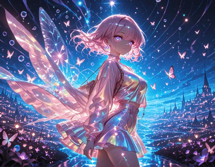 1 girl, violet eyes, light pink hair, short hair, cool, beautiful, medium breast, very cute, lovely, kawaii,
, color fashion outfit,
walking,((( floating clothes,floating hair))),looking at viewer, from side, wind, night,
,(Masterpiece ),(best_quality ...