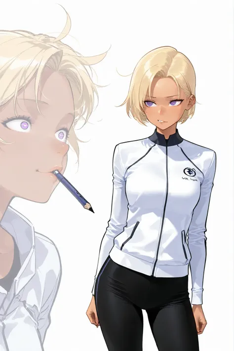 Athletic woman in futuristic fantasy clothes, blonde hair , purple eyes, tan, tight white jacket, black pant, intricate pencil sketch, expressive eyes and nose and mouth, un-zoom, highly detailed, white background, upperbody, Lean to the side , Head tilted...