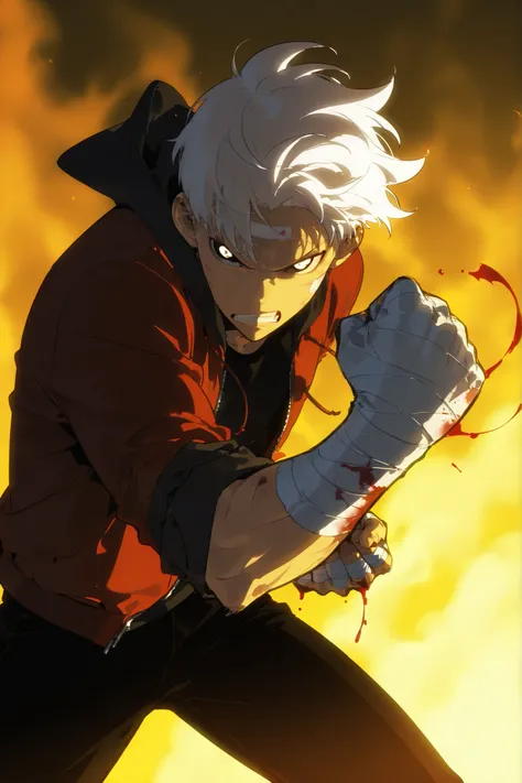 Handsome, Athletic, alone, male, Short spicky hair, long white hair, black orange eye, black shirt, red and black unzipped hoodie with rolled up sleeves, black pants, , intricate sketch, expressive eyes nose and mouth, simple pose, clench fist, blood on hi...