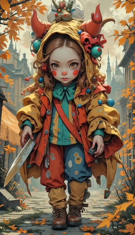Tim Burton Style、circus clown girl、punk、circus clown Costumes、dynamic composition、Lively decorations、Anime style、Master knife-throwing master、