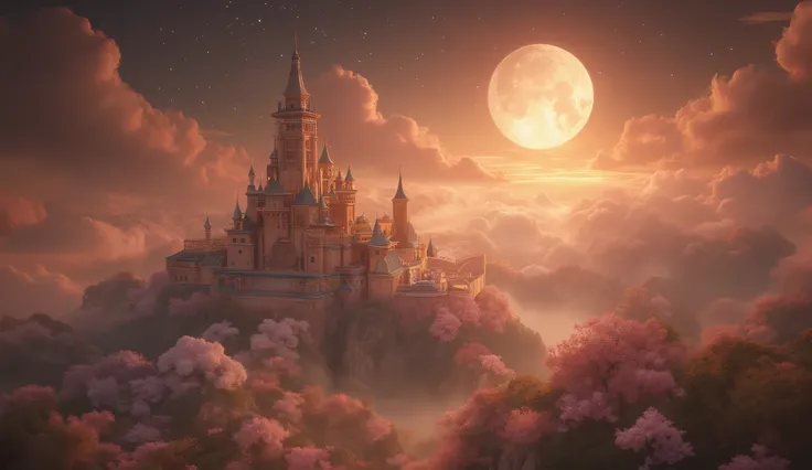 (((Digital artistic work fantasy 3D rendering :6、 digital artistic work acrylic 3D rendering ))), there is an image of a beautiful brown landscape with a moon, impressive fantasy 3D rendering, a heavenly city in the heavens, a large ocean, a large cherry b...