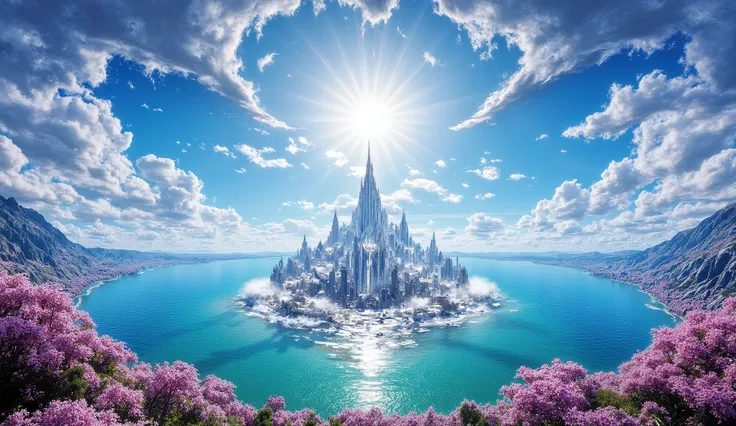 there is an image of a beautiful landscape with a burning sun, impressive fantasy 3D rendering, a heavenly city in the heavens, a large ocean, a large forest of cherry blossoms, a lot of clouds everywhere, a sun in the sky and stars, a very detailed heaven...