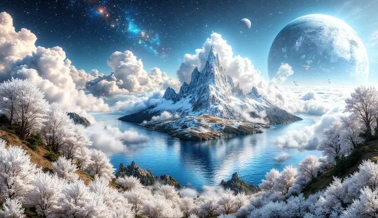 there is an image of a beautiful landscape with a beautiful sky, impressive fantasy 3D rendering, a white city in the skies, a large ocean, a large forest of white flowers, a lot of clouds everywhere, a planet in the sky and stars, a very detailed white ci...