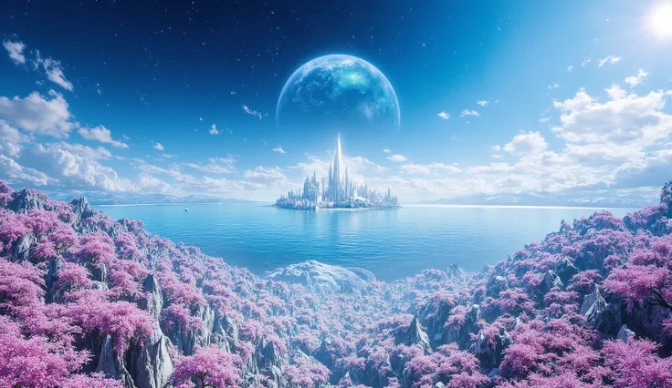 there is an image of a beautiful landscape with a beautiful sky blue, impressive fantasy 3D rendering,, an amazing white city, a large ocean, a large cherry blossom forest, a lot of clouds everywhere, a planet in the sky and stars, a very detailed magical ...