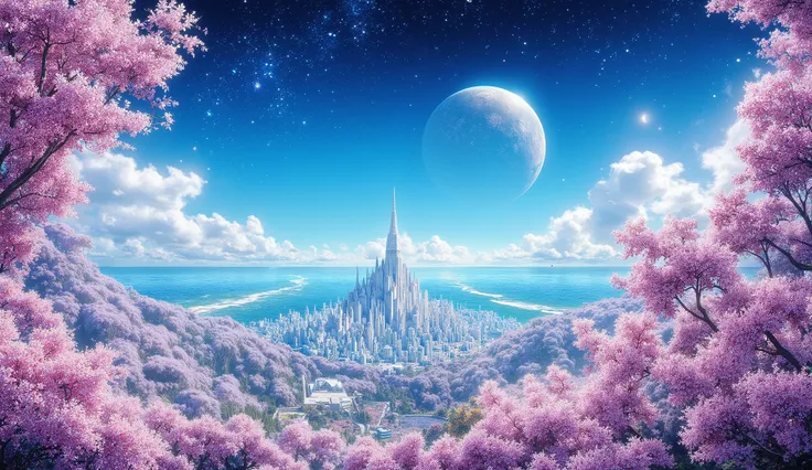 there is an image of a beautiful landscape with a beautiful sky blue, impressive fantasy 3D rendering,, an amazing white city, a large ocean, a large cherry blossom forest, a lot of clouds everywhere, a planet in the sky and stars, a very detailed magical ...
