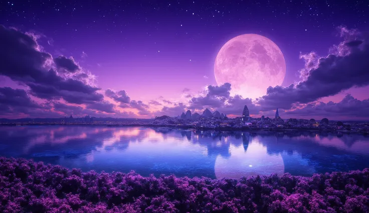 there is an image of a beautiful landscape with a beautiful violet night night, impressive fantasy 3D rendering, a heavenly city in the heavens, a large ocean, a large cherry blossom forest, a lot of clouds everywhere, a crescent in the sky and stars, a be...