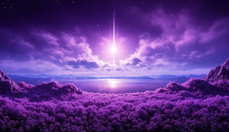 there is an image of a beautiful landscape with a beautiful violet night night, impressive fantasy 3D rendering, a heavenly city in the heavens, a large ocean, a large cherry blossom forest, a lot of clouds everywhere, a crescent in the sky and stars, a be...