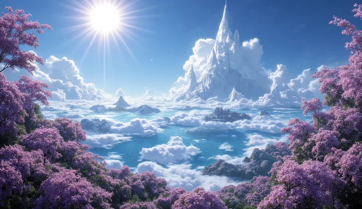 there is an image of a beautiful landscape with a burning sun, impressive fantasy 3D rendering, a heavenly city in the heavens, a large ocean, a large forest of cherry blossoms, a lot of clouds everywhere, a sun in the sky and stars, a very detailed heaven...