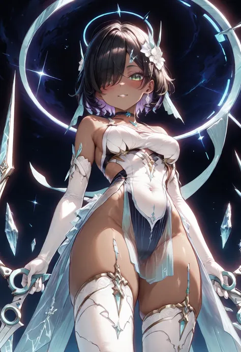 1 girl, , black hair, black hair,short hair, short hair, bangs cover the forehead, hair over one eye, hair covers one eye, hair cover one eye, big green eyes, purple makeup ar eyes, little blushing, little blushing, black choker, big breast, big breast, me...