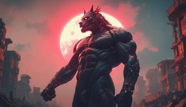 Full length detailed view. full sexy body, sexy muscle hybrid strong man and half cyborg animal, with big muscles looking into the camera, sexy muscle hyprid, hd realistic sharp details of the skin, beautyful eyes, cyborg hair, looking strong, a sexy mecha...