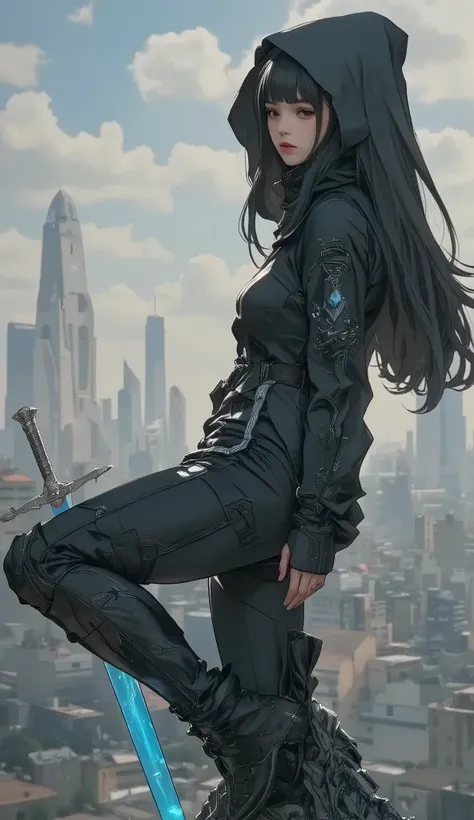 Ultra realistic full body photo , A young girl ,身穿龐克風连帽Knights Templar裝, holding a blue glowing sword ,Knights Templar, with Cyberpunk City as background