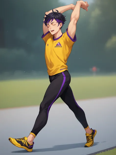 Anime man with thin black hair, yellow sharp eyes, emotionless and cold personality. Has one purple highlight, solo, blurry background, full body, stretching, running, eyes closed, athletic built
