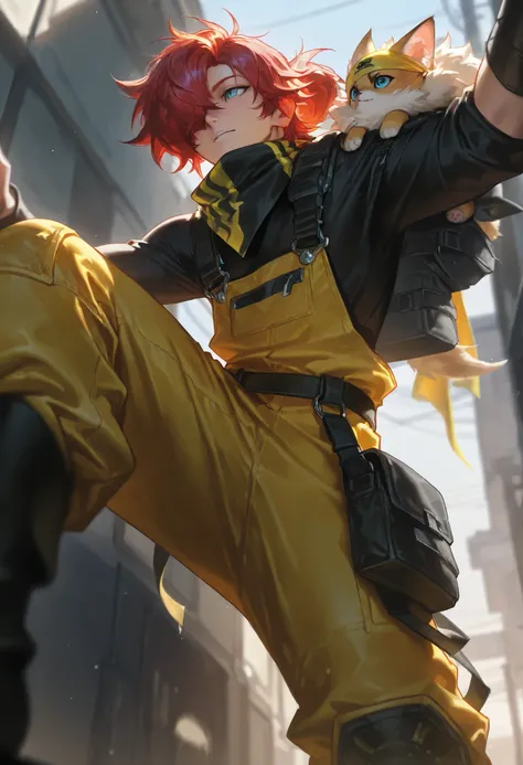 score_9, score_8_above, score_7_above, score_6_above, \(quality\), L0LSPL4SH , year2024 , year2023 , 1male, long red hair, tied tuck, fluffy hair, hair over eye, blue eyes, taller frame, wearing a orange and yellow overalls, oversized baggy pants, ninja b...