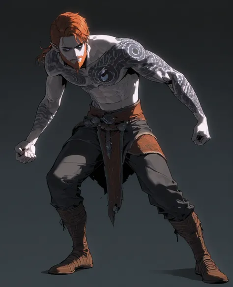 1male, orange hair and beard, thick beard, , Baldur (god of war) , light blue eyes, pale skin, bangs, athletic body, full body runic tattoos, simple background, bare chest, serious, dark circles under eyes, beard, Big beard