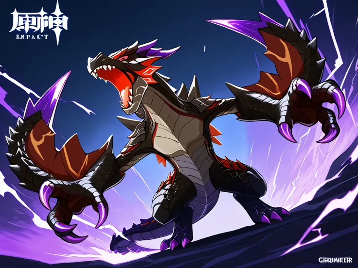  dragon with red and black scales, white low part, red eyes,  black scales in her low jaw, red eyes, spike in her shoulder similar to Zilla, 2 arms with 4 claws, 2 purple Horns in her head, tail with 3 spike, solo, illustration, 8k, HD (Genshin Impact Styl...